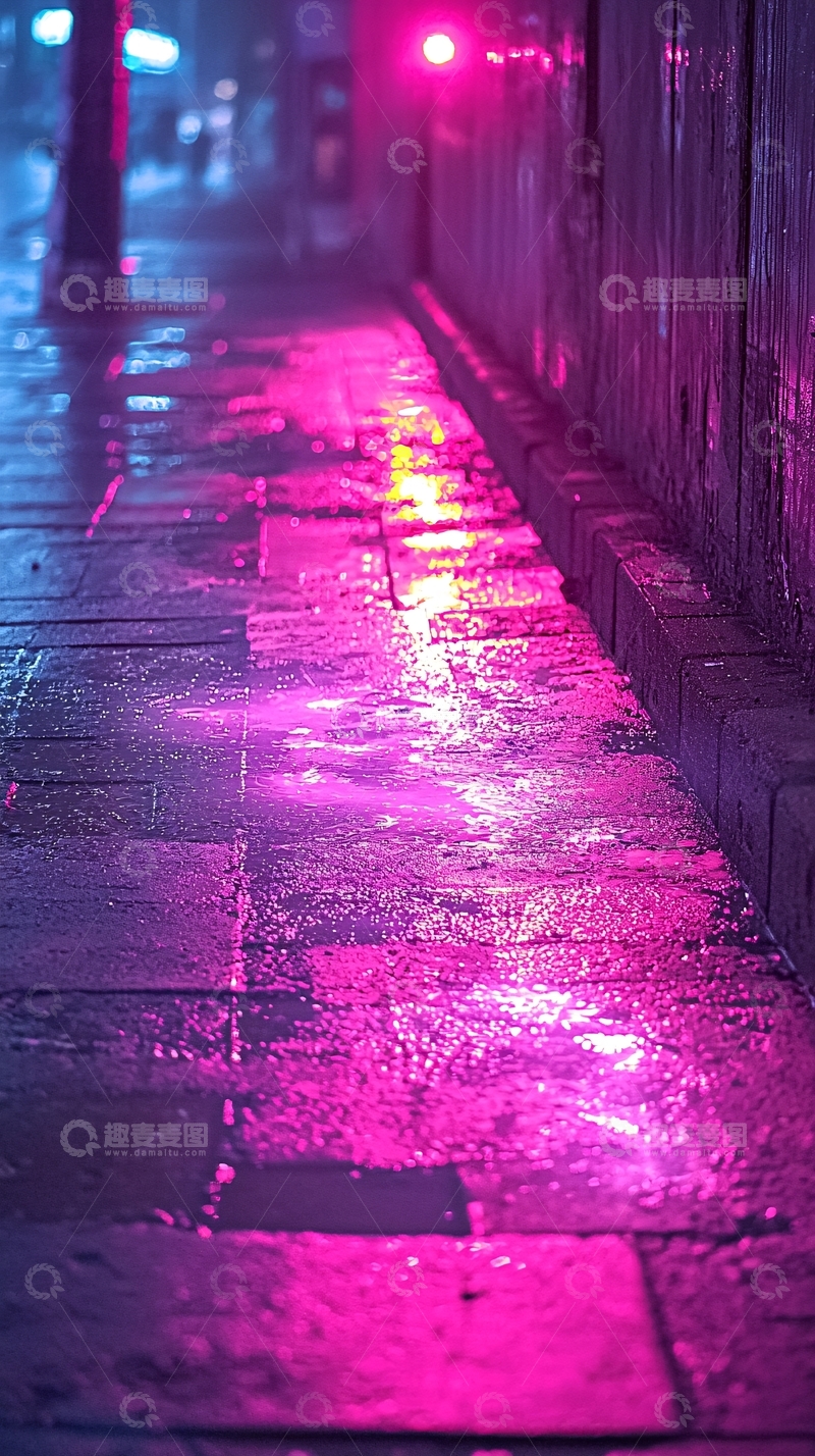 高清大图下载【趣麦麦图】雨夜霓虹下的石板路