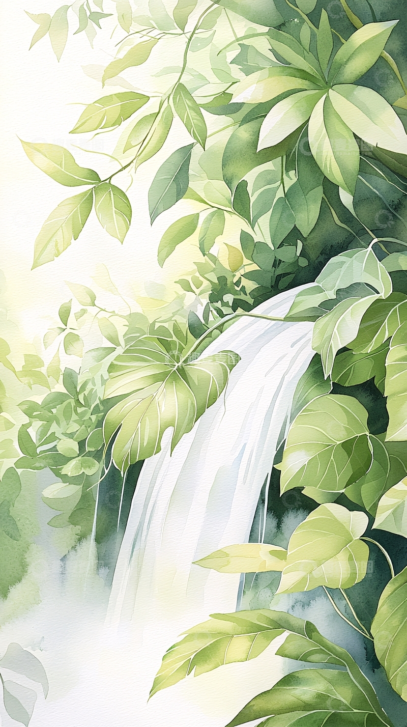 高清大图下载【趣麦麦图】绿色瀑布自然风景插画