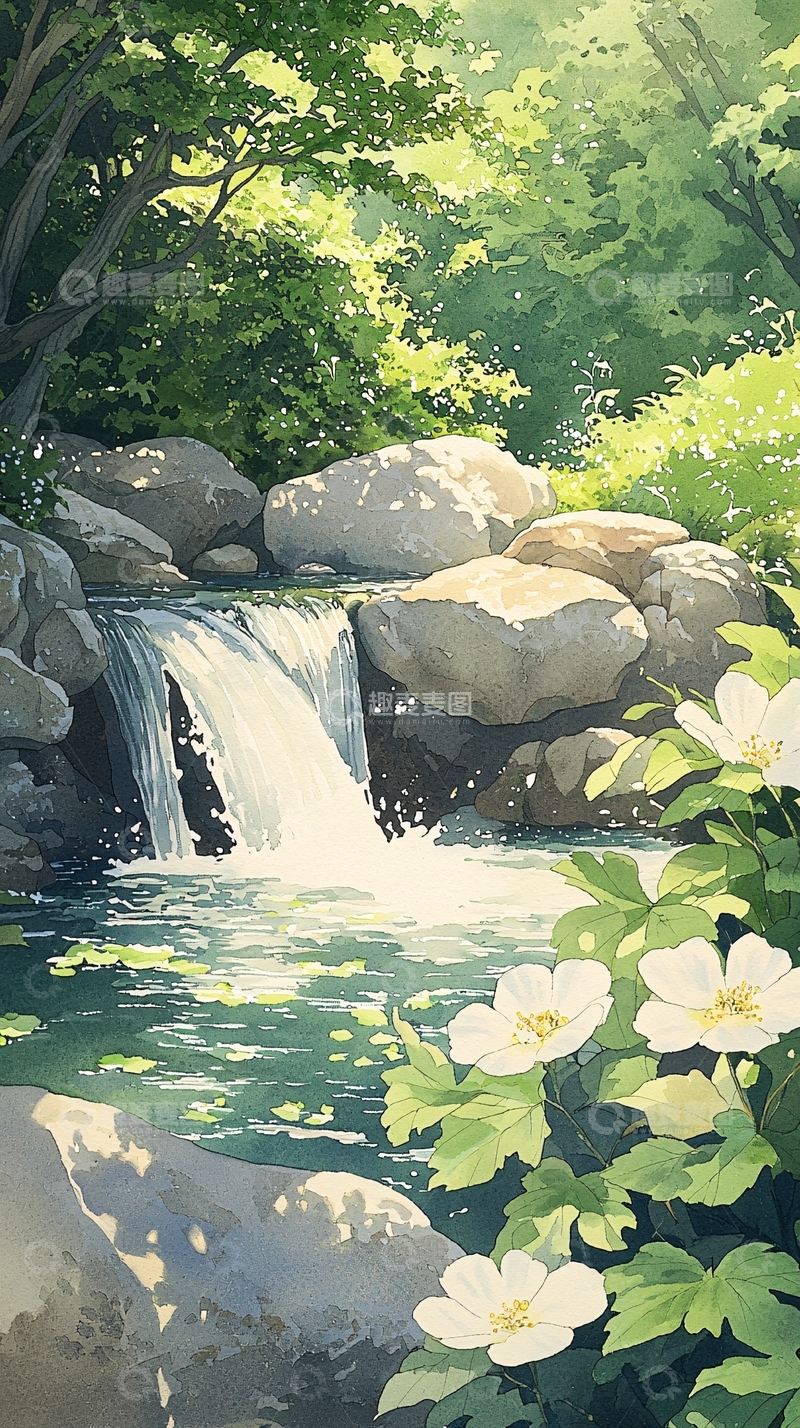 高清大图下载【趣麦麦图】夏日森林瀑布风景图