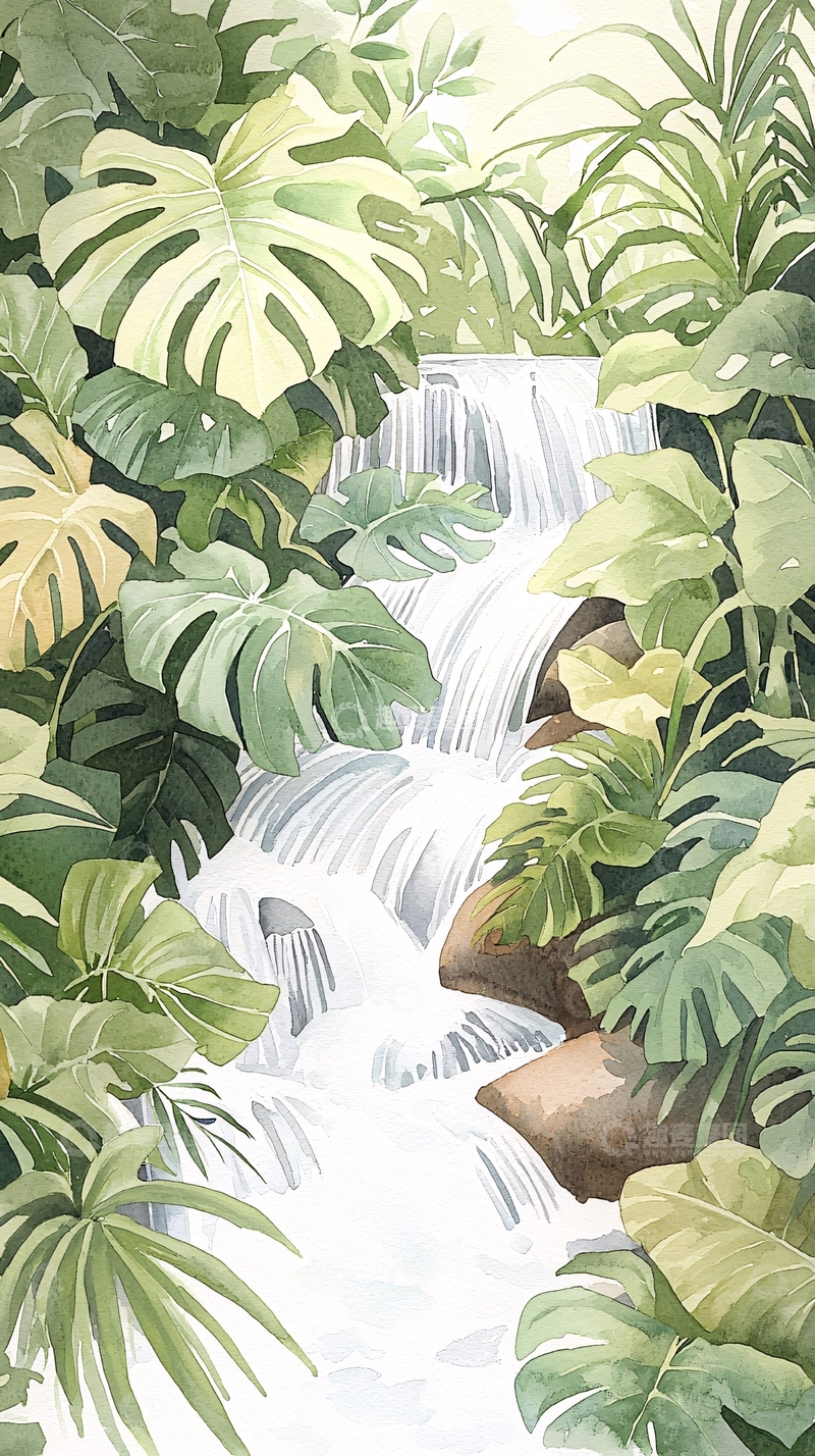 高清大图下载【趣麦麦图】热带雨林瀑布水彩画
