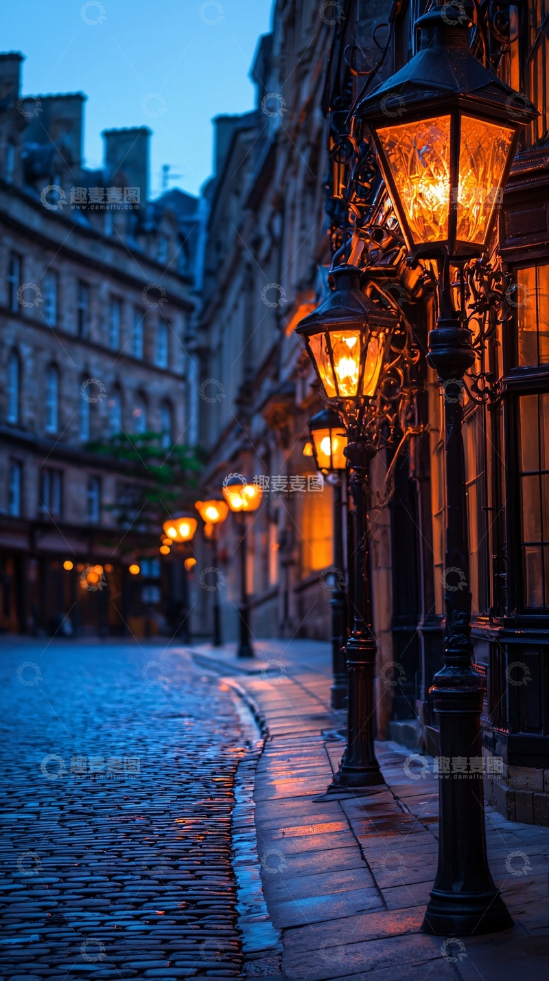 高清大图下载【趣麦麦图】夜晚古街灯笼光影