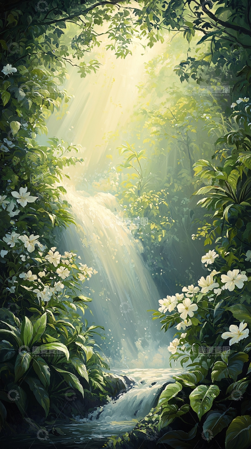 高清大图下载【趣麦麦图】阳光森林瀑布自然风景