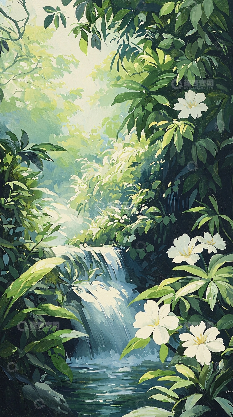 高清大图下载【趣麦麦图】热带雨林瀑布与白花