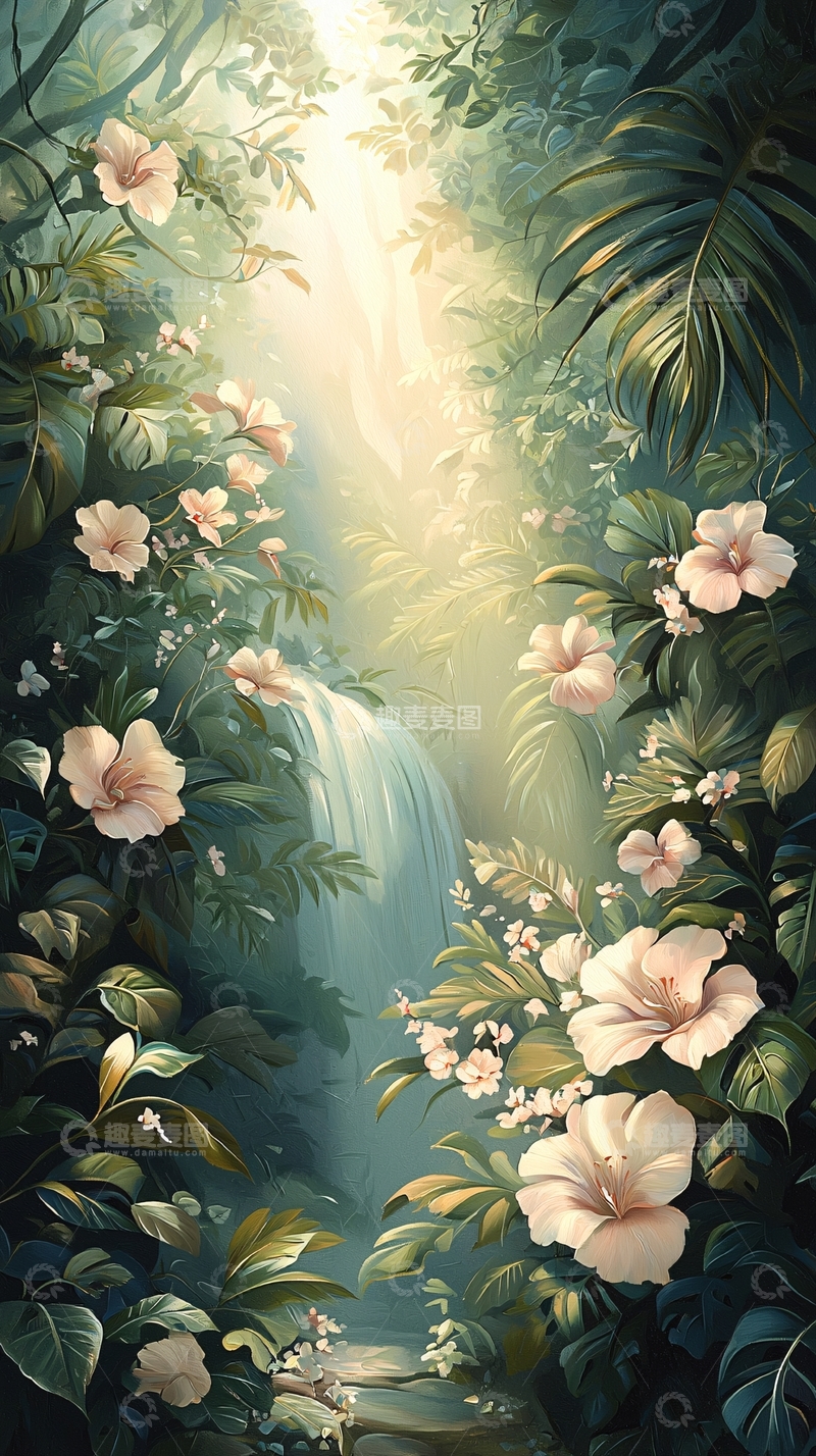 高清大图下载【趣麦麦图】热带雨林瀑布与花卉