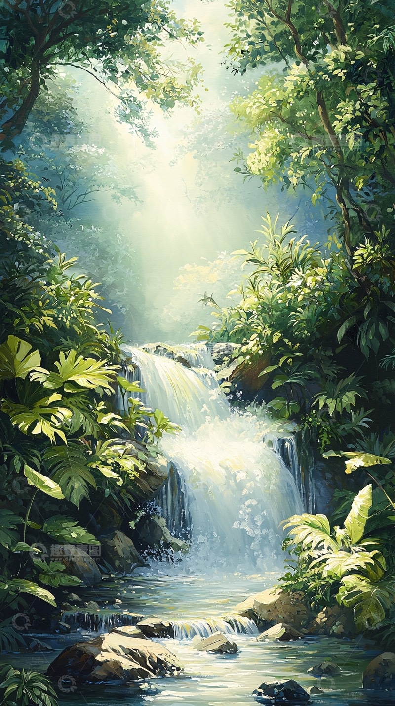 高清大图下载【趣麦麦图】阳光森林瀑布自然风景