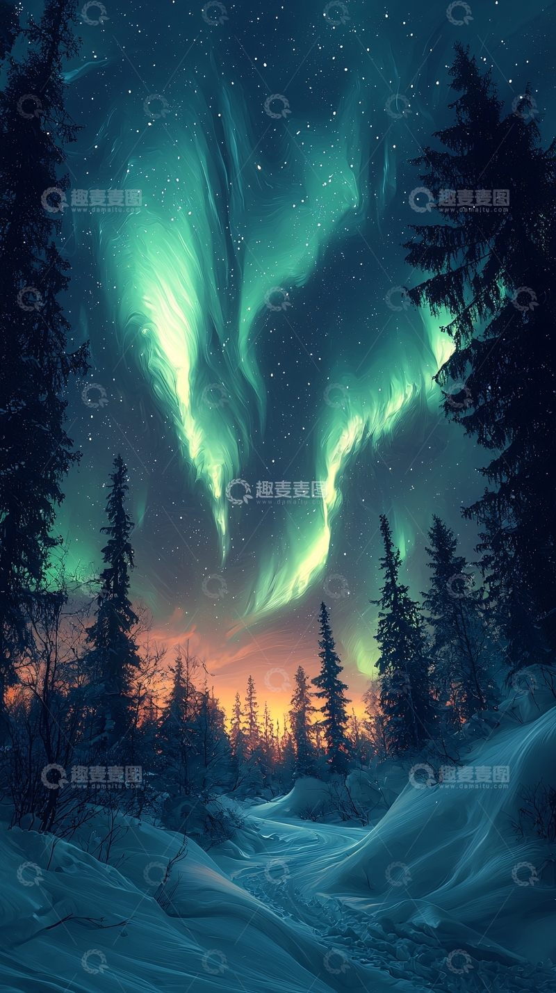 高清大图下载【趣麦麦图】极光下的雪林夜景