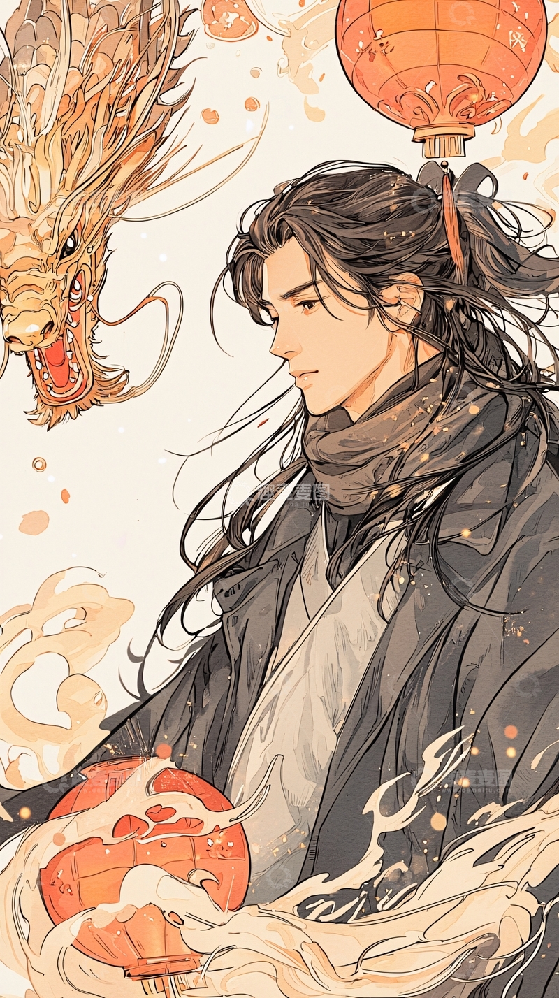高清大图下载【趣麦麦图】龙灯下的古风少年