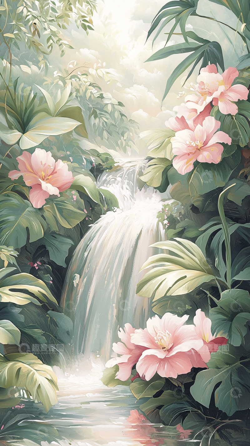 高清大图下载【趣麦麦图】热带雨林瀑布与粉色花朵