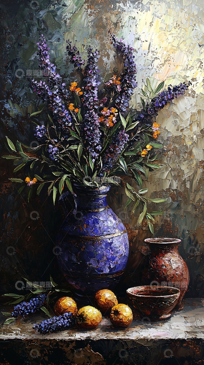 高清大图下载【趣麦麦图】紫色花瓶与果实静物画