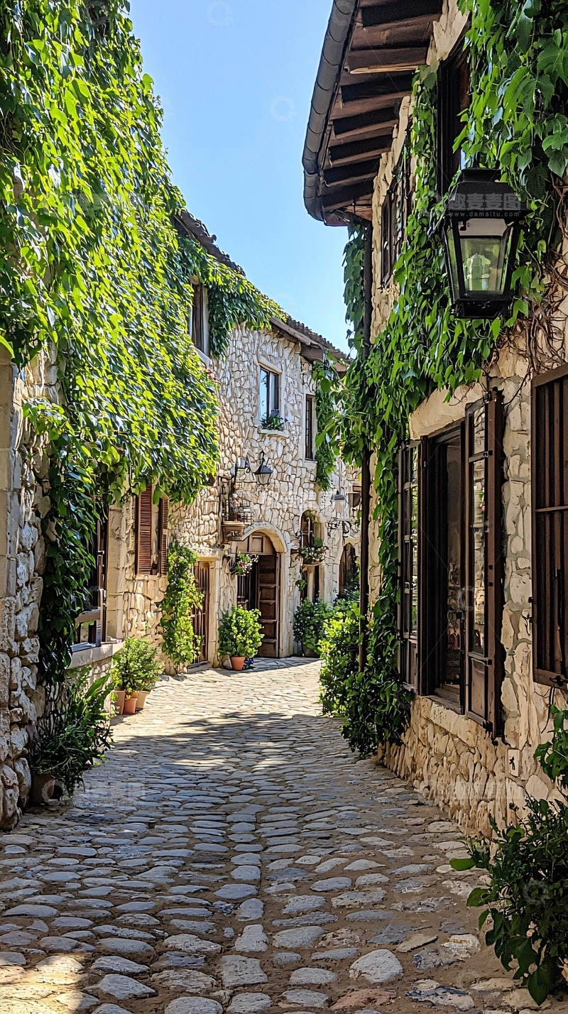 高清大图下载【趣麦麦图】石墙绿植小巷风景