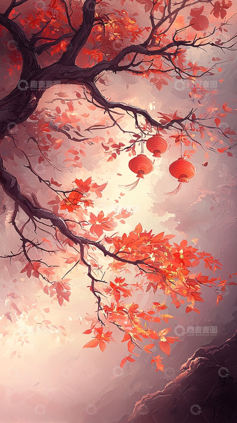 高清大图下载【趣麦麦图】秋日红叶灯笼风景
