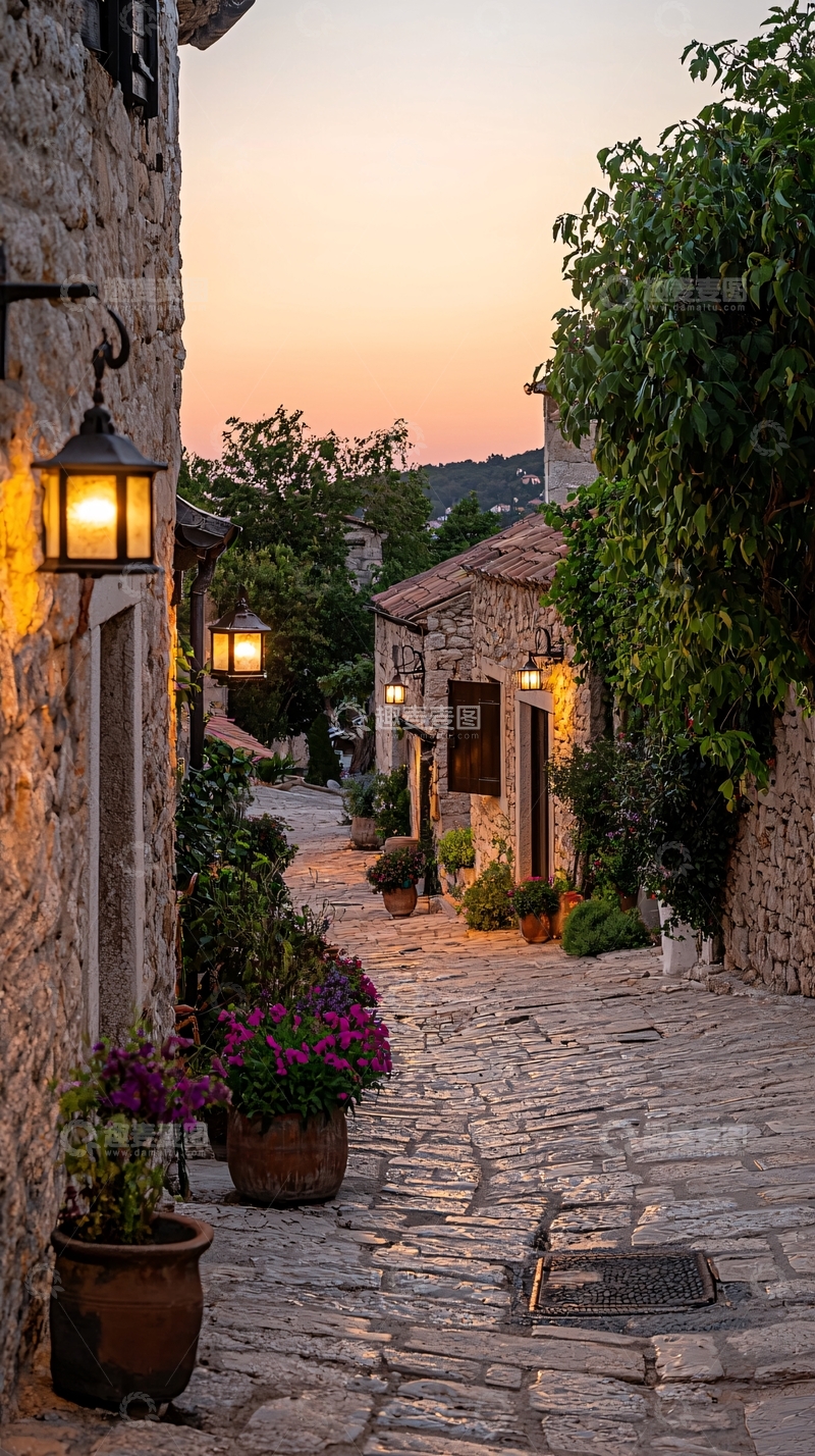 高清大图下载【趣麦麦图】石巷夕阳下的浪漫小镇