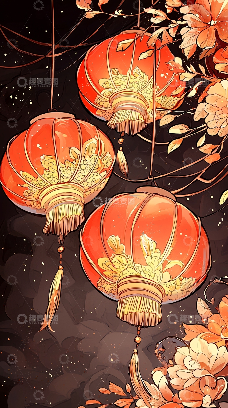 高清大图下载【趣麦麦图】中国风灯笼与花卉背景