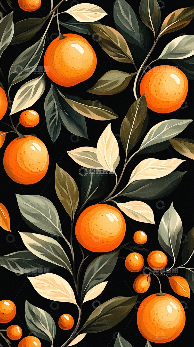 高清大图下载【趣麦麦图】橙子树枝图案背景