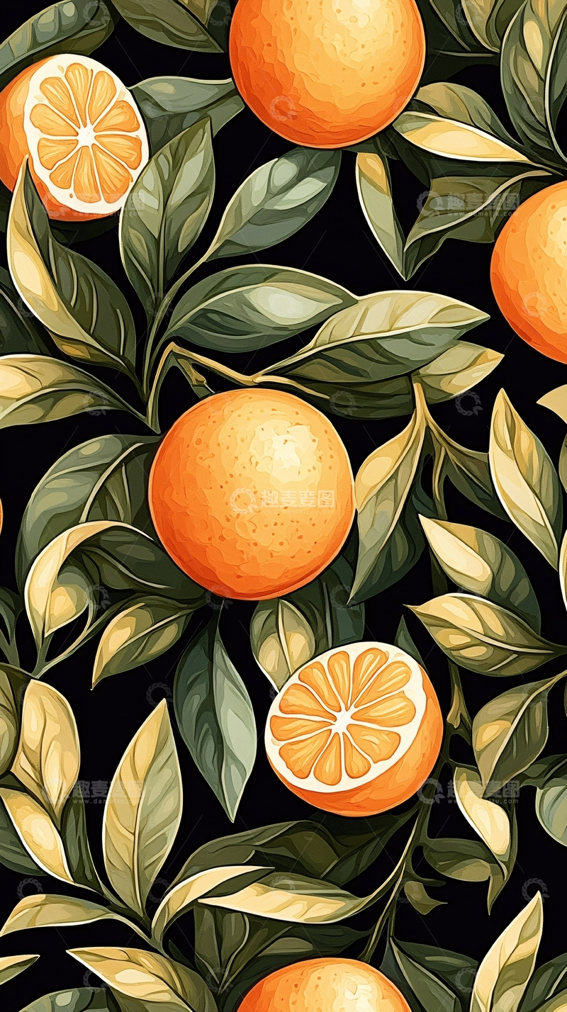 高清大图下载【趣麦麦图】橙子与绿叶背景图案