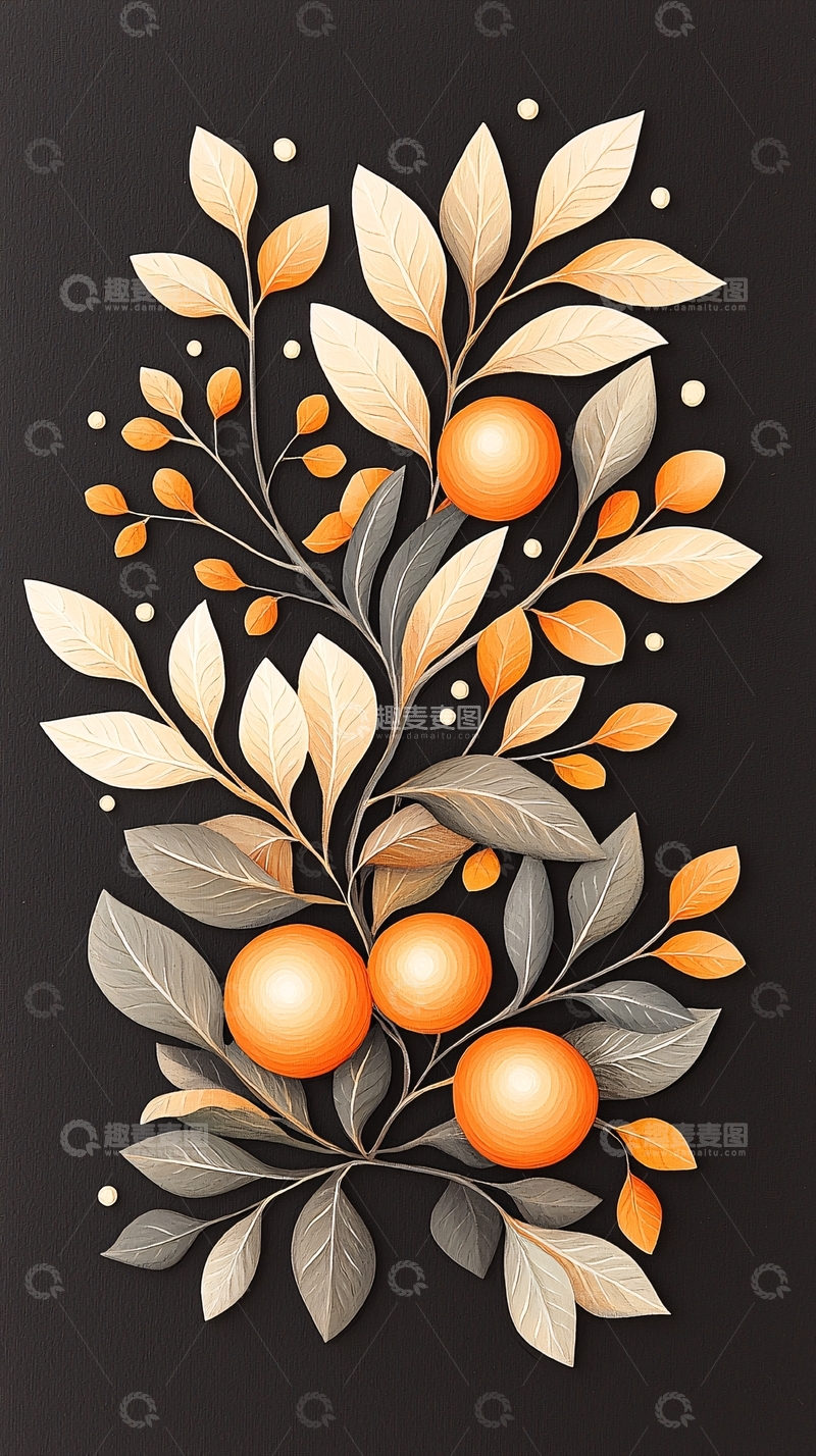 高清大图下载【趣麦麦图】橙色果实与叶子的艺术插画
