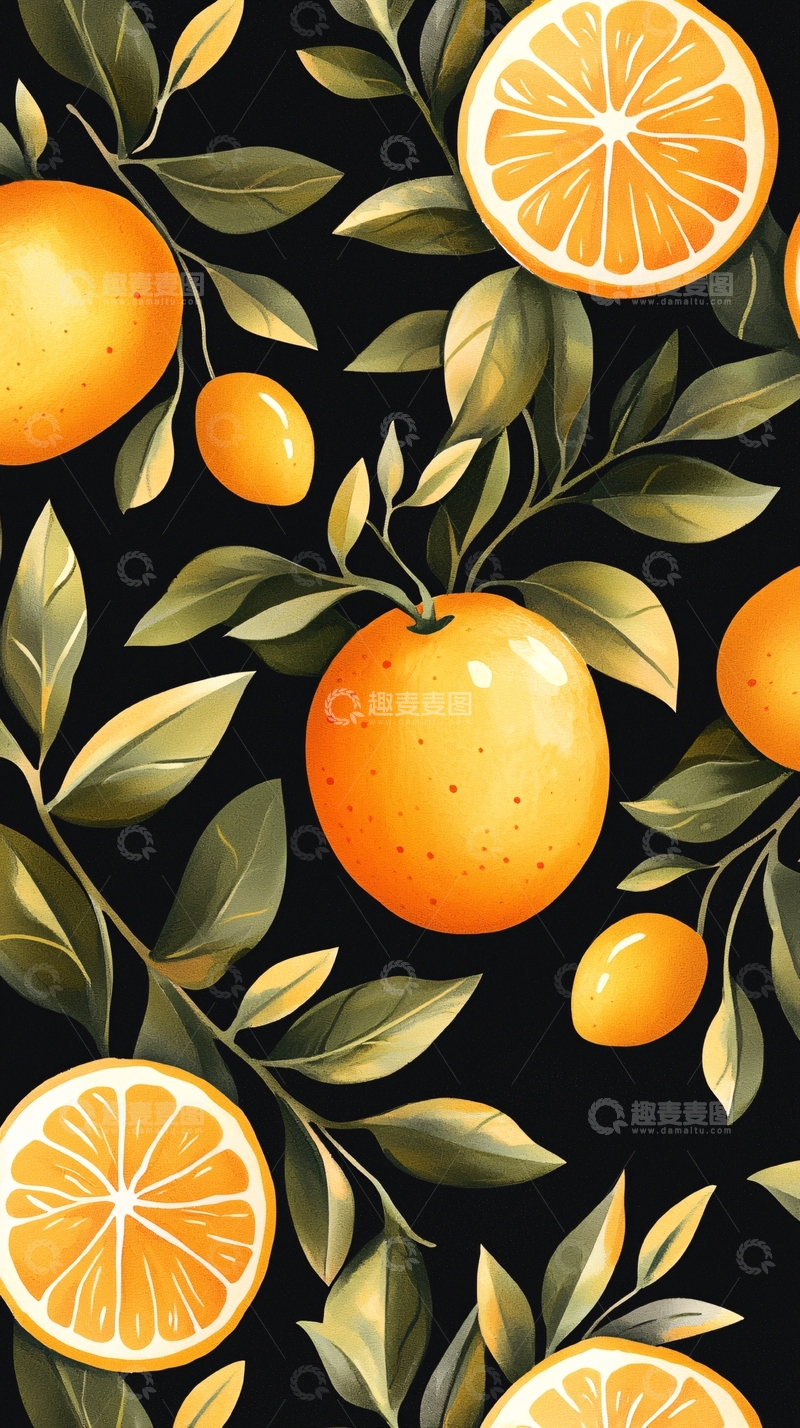 高清大图下载【趣麦麦图】橙子与叶子的艺术图案背景
