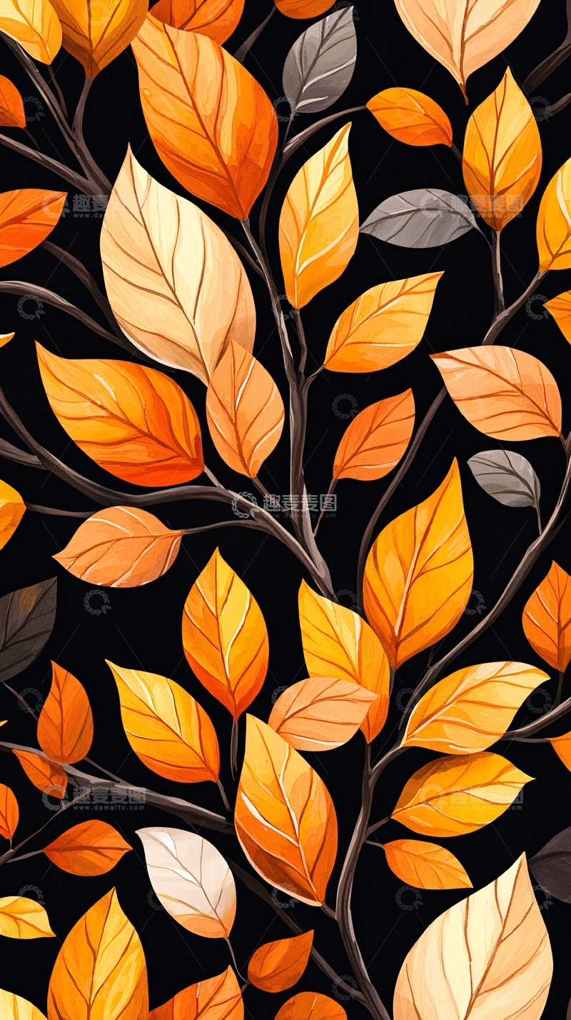 高清大图下载【趣麦麦图】秋叶树枝背景图案