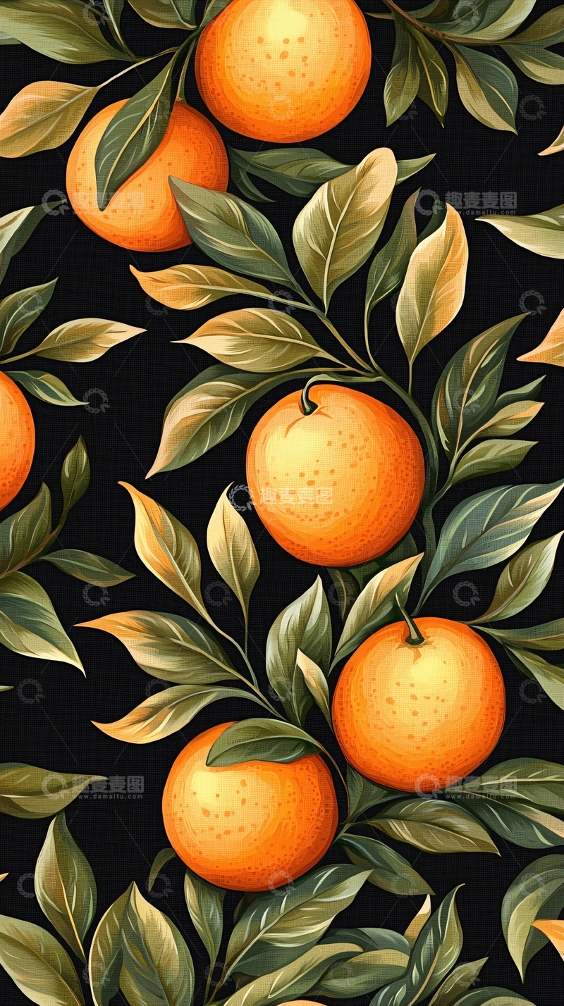 高清大图下载【趣麦麦图】橙子与绿叶的艺术插画