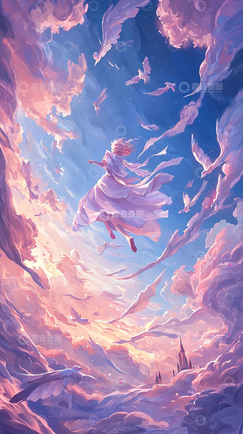 高清大图下载【趣麦麦图】梦幻天空中的飞舞少女