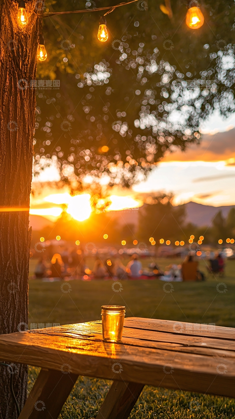 高清大图下载【趣麦麦图】夕阳下的户外野餐场景