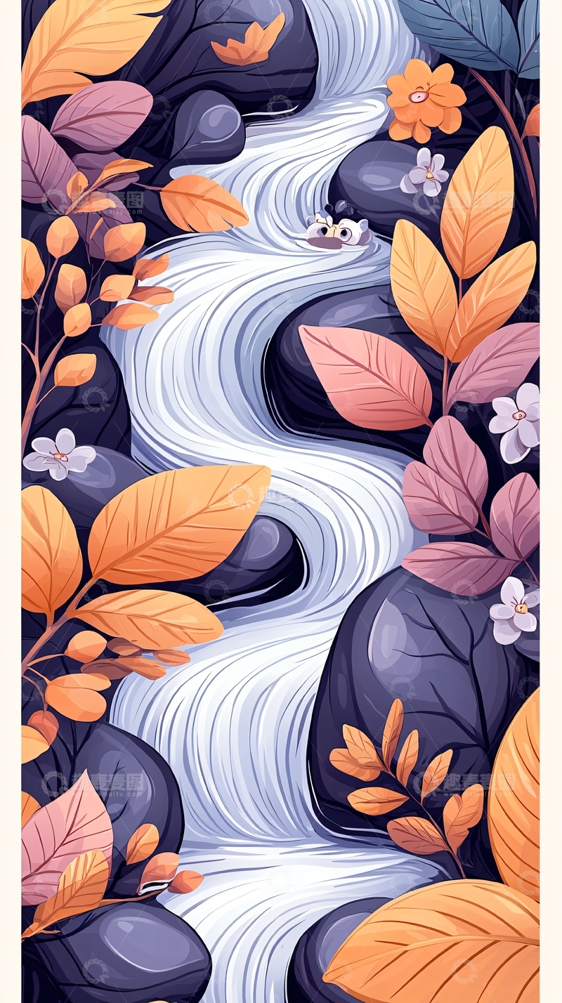 高清大图下载【趣麦麦图】秋日瀑布与落叶风景