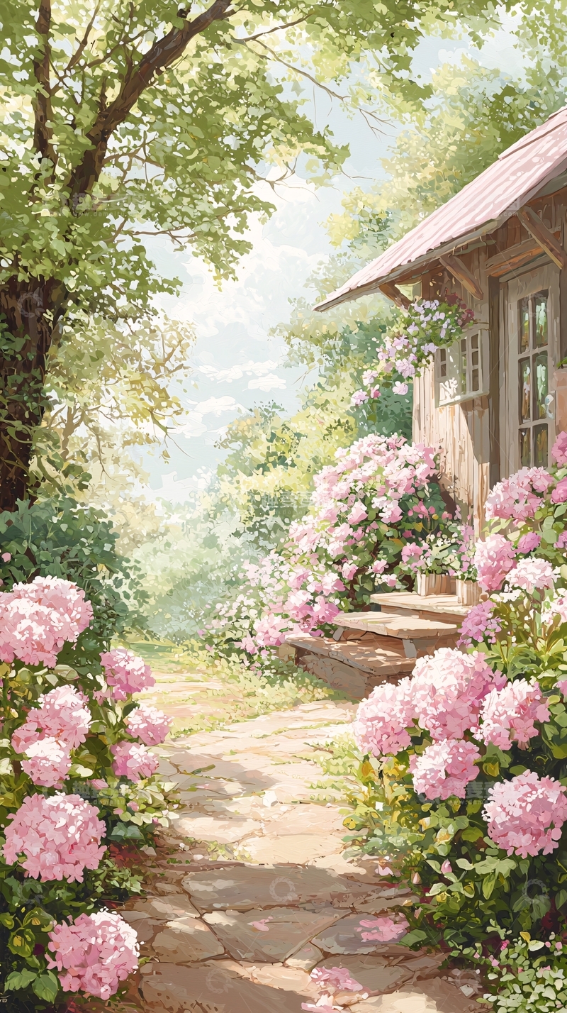 高清大图下载【趣麦麦图】粉色花朵环绕的小木屋庭院