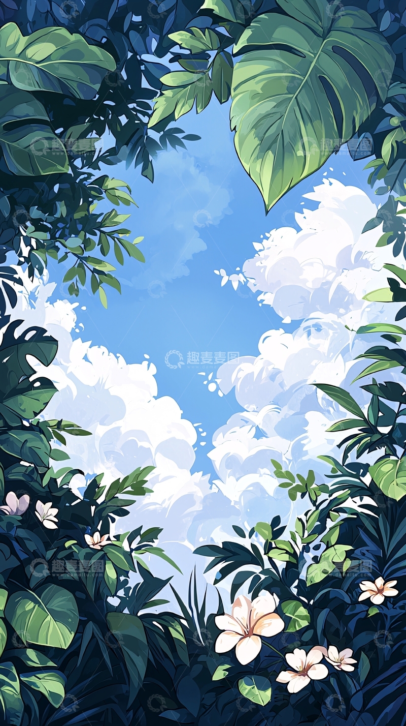 高清大图下载【趣麦麦图】热带雨林天空风景插画