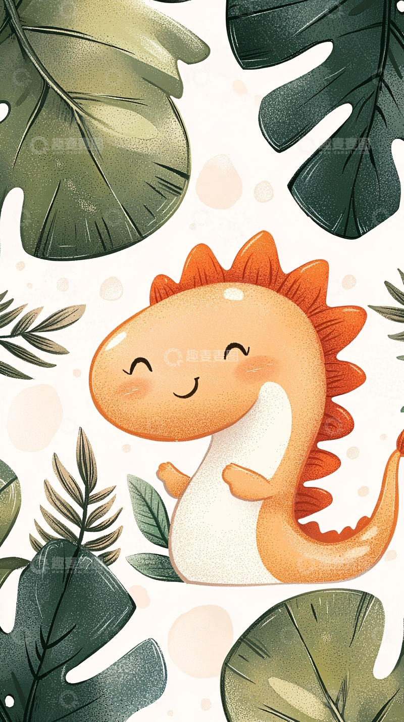 高清大图下载【趣麦麦图】萌趣恐龙与热带植物背景图