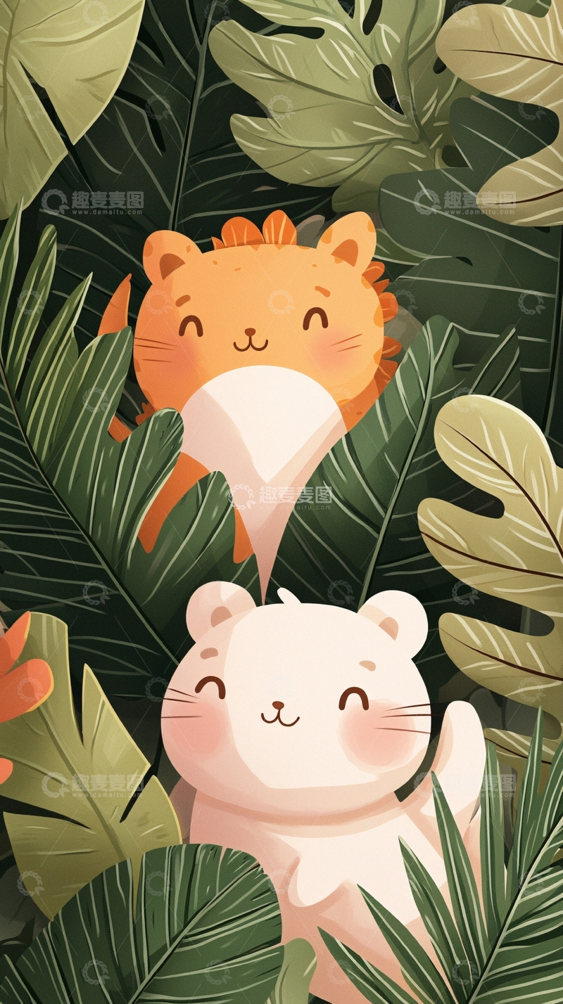 高清大图下载【趣麦麦图】丛林中的小猫插画背景
