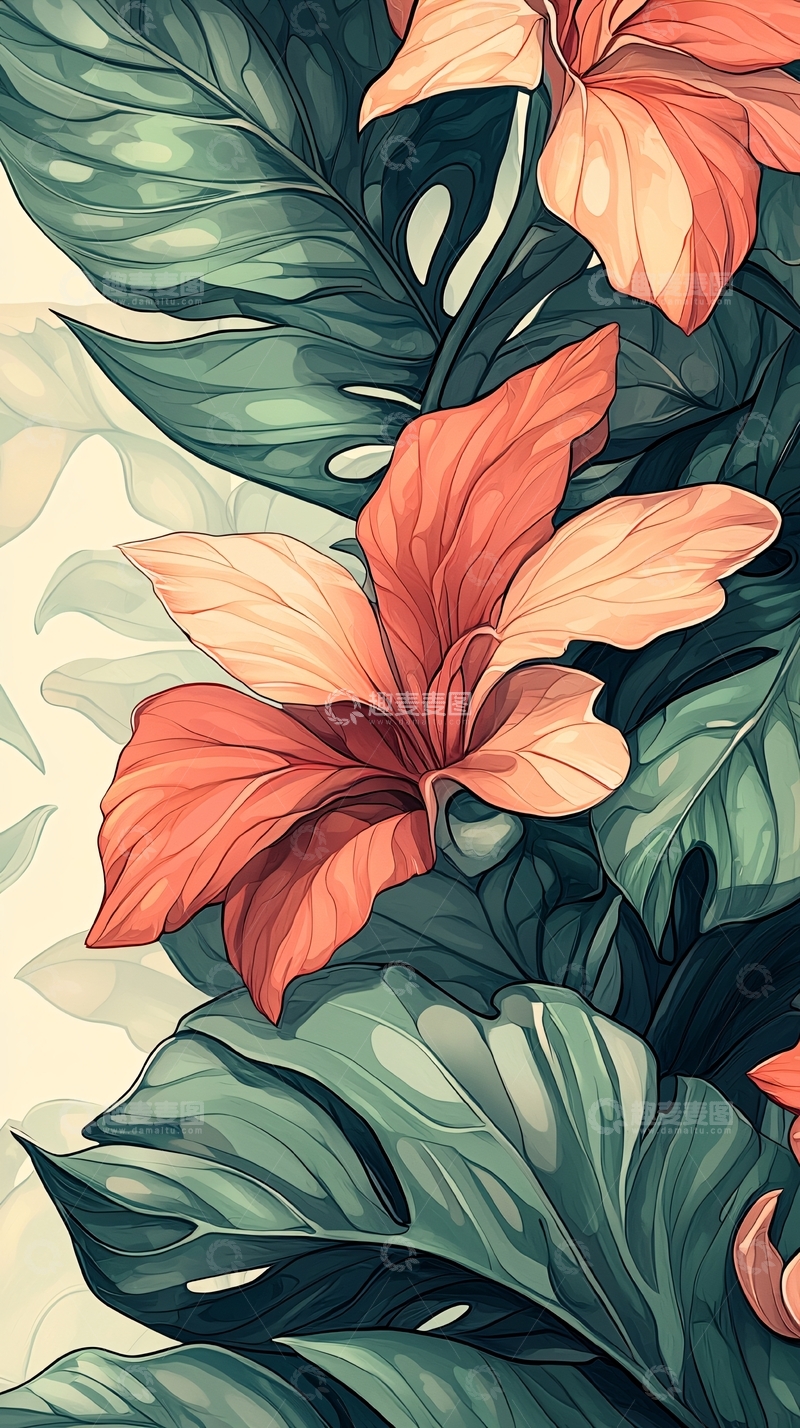 高清大图下载【趣麦麦图】热带花卉与绿叶背景