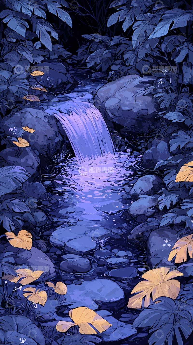 高清大图下载【趣麦麦图】夜晚森林中的小溪瀑布