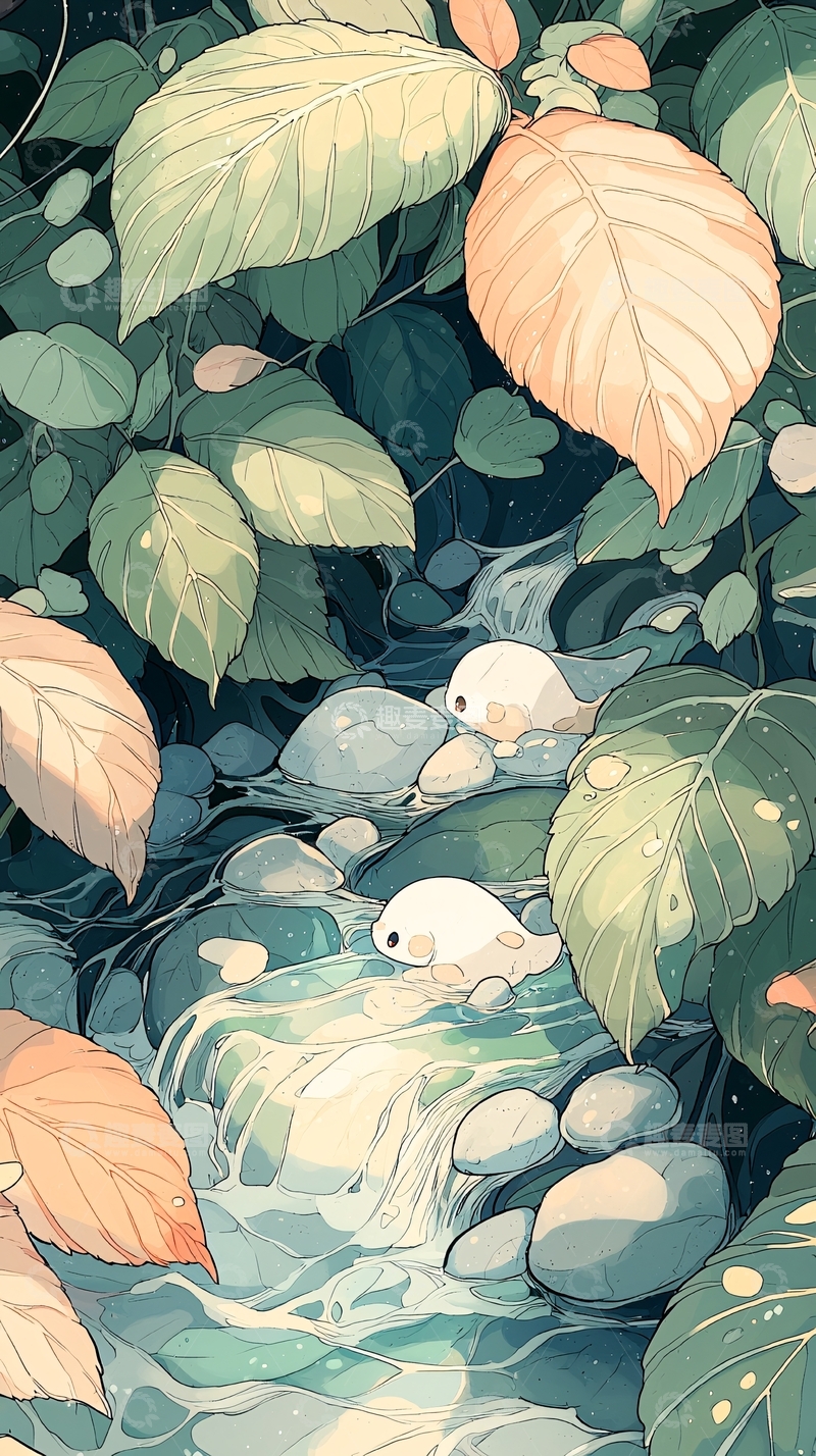 高清大图下载【趣麦麦图】秋夜小溪中的萌宠