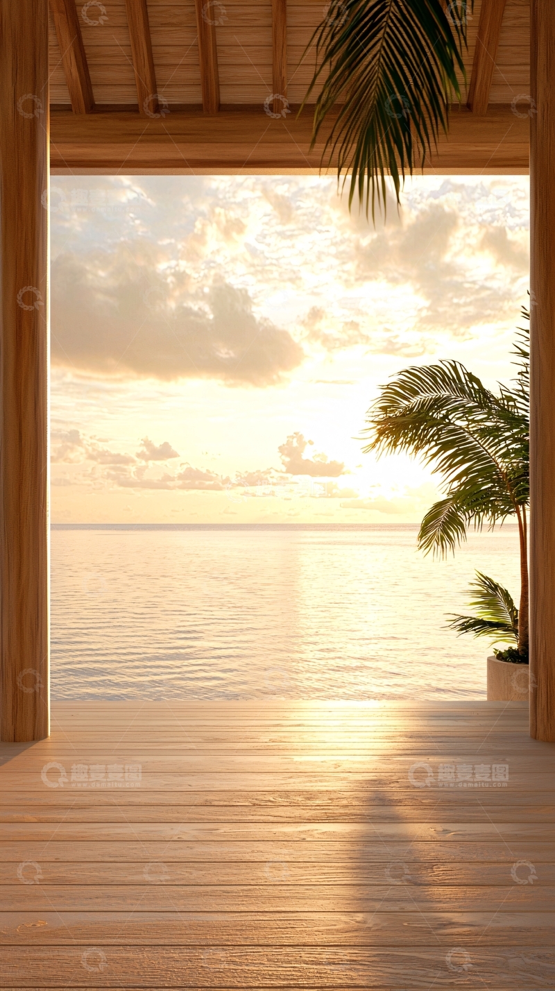高清大图下载【趣麦麦图】海景日落木屋阳台