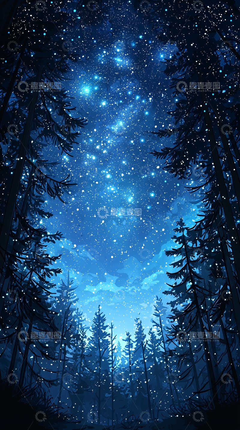 高清大图下载【趣麦麦图】冬夜森林星空背景图