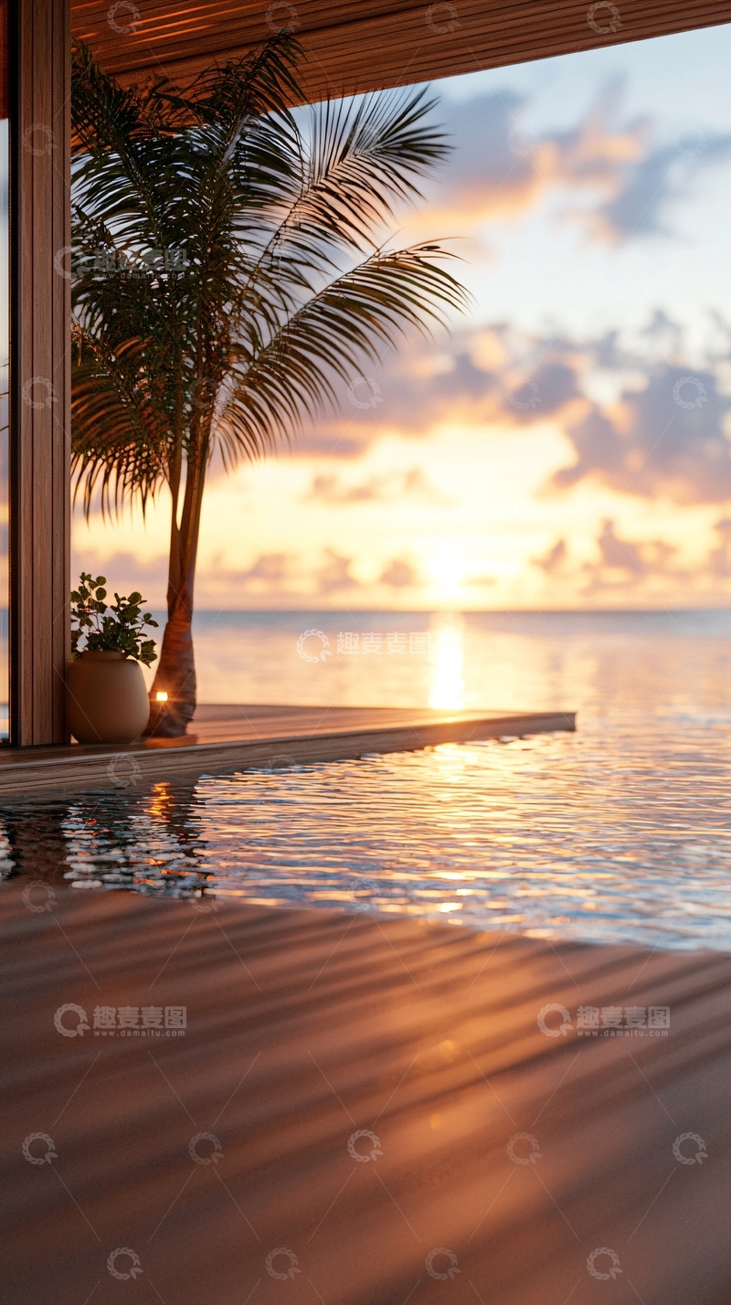 高清大图下载【趣麦麦图】日落海景泳池边