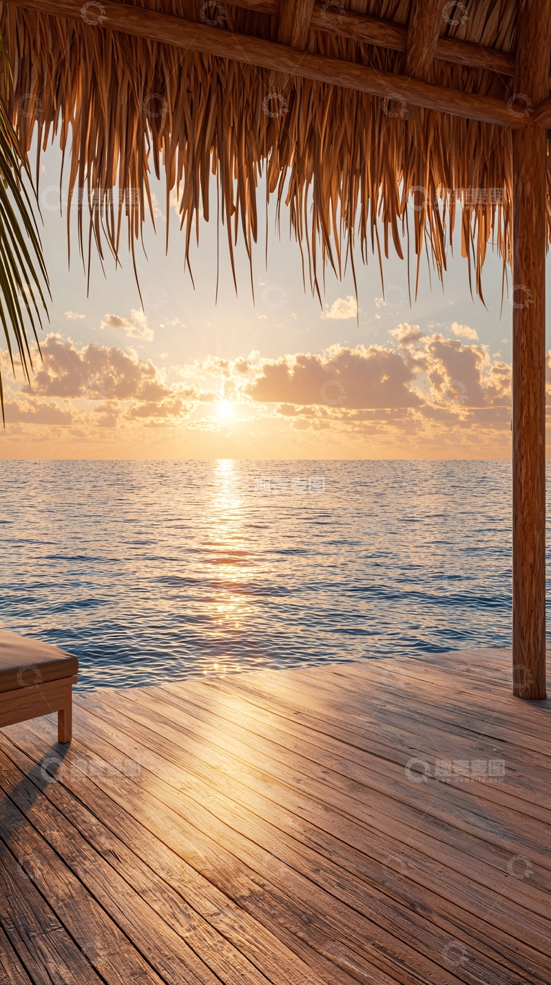 高清大图下载【趣麦麦图】日落海滩木屋度假