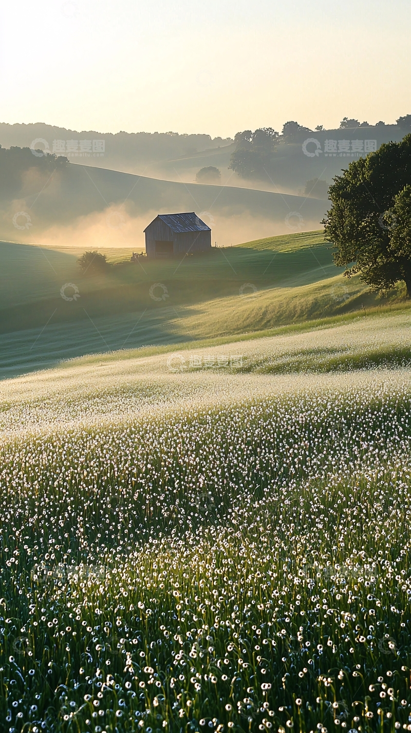 高清大图下载【趣麦麦图】晨雾中的田园风光
