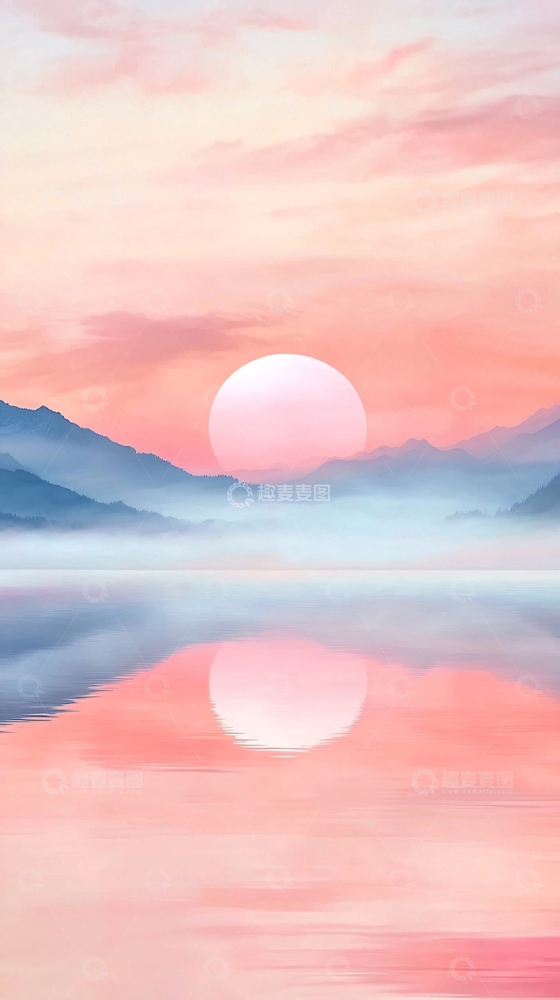 高清大图下载【趣麦麦图】粉红日落湖面宁静风景
