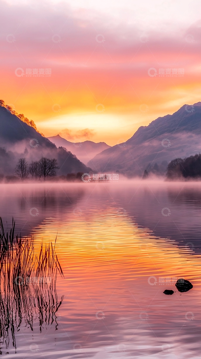 高清大图下载【趣麦麦图】晨雾中的湖畔日出