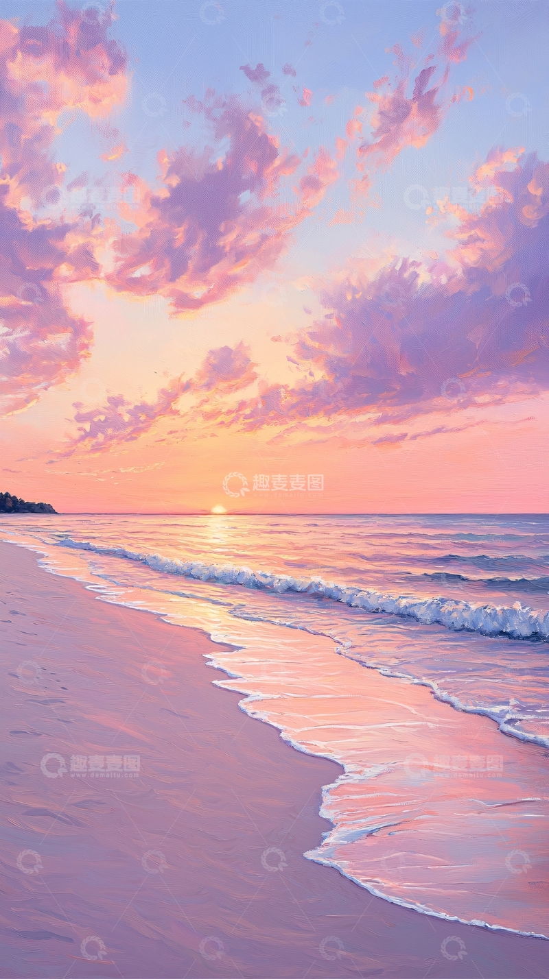 高清大图下载【趣麦麦图】日落海滩粉色梦幻风景