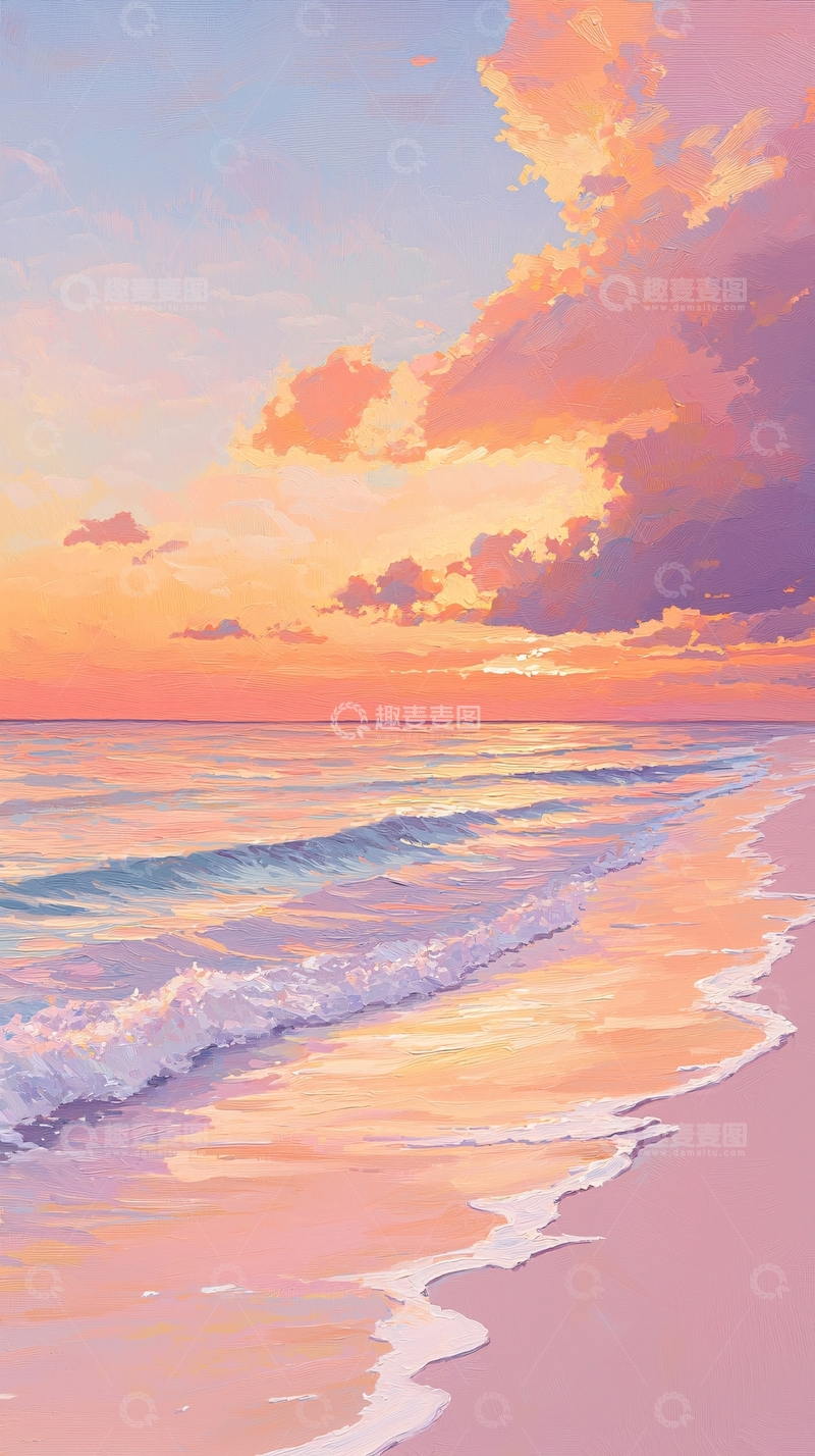 高清大图下载【趣麦麦图】日落海滩风景画