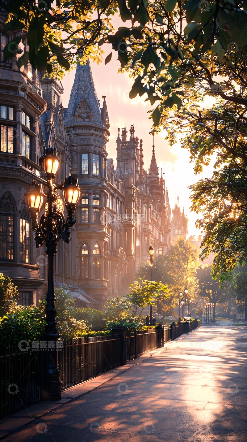 高清大图下载【趣麦麦图】夕阳下的欧式建筑街道