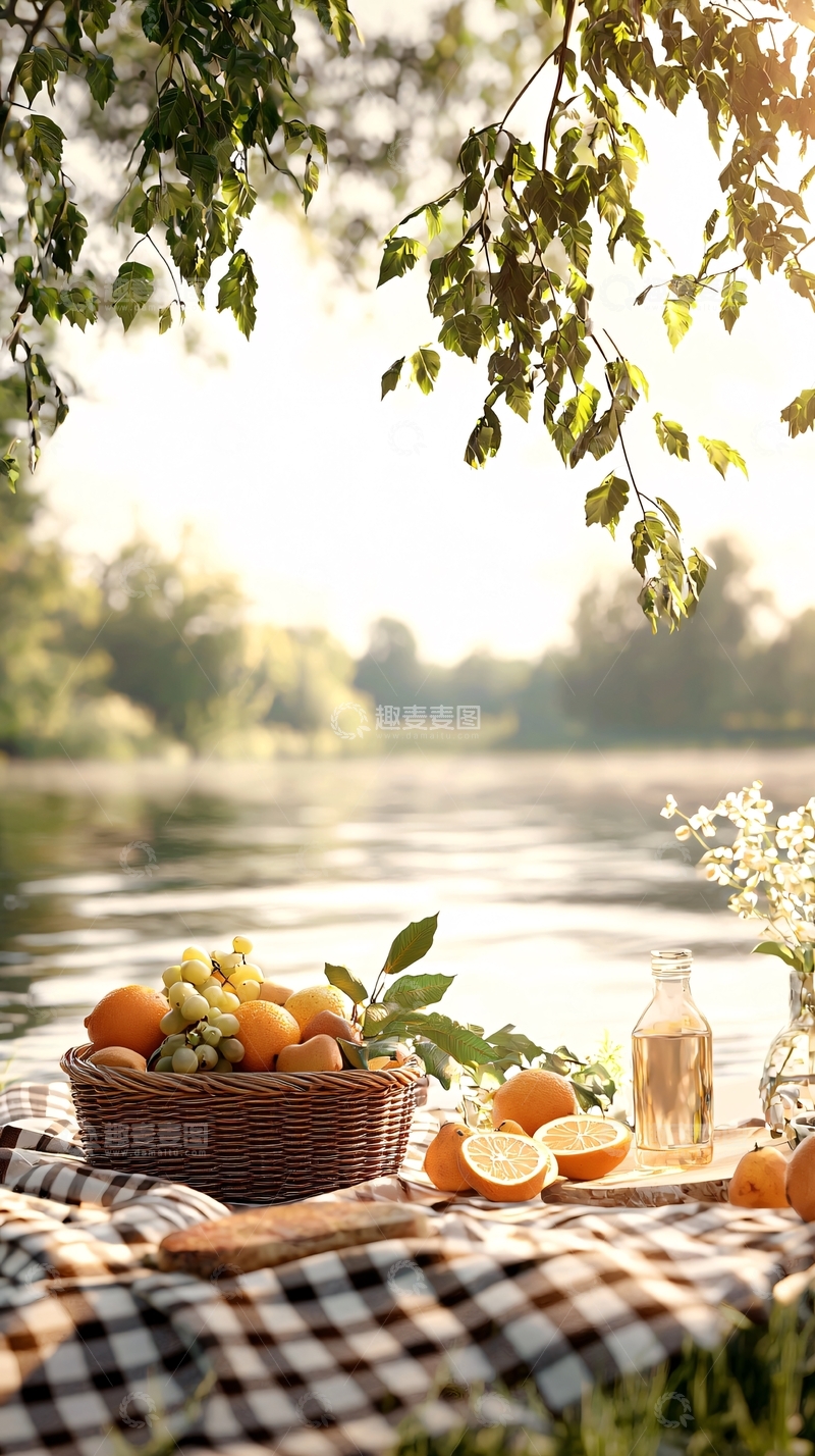 高清大图下载【趣麦麦图】夏日河边野餐篮水果