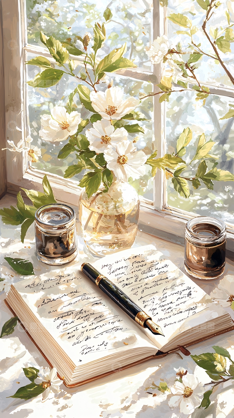 高清大图下载【趣麦麦图】阳光窗台上的手写日记与花瓶