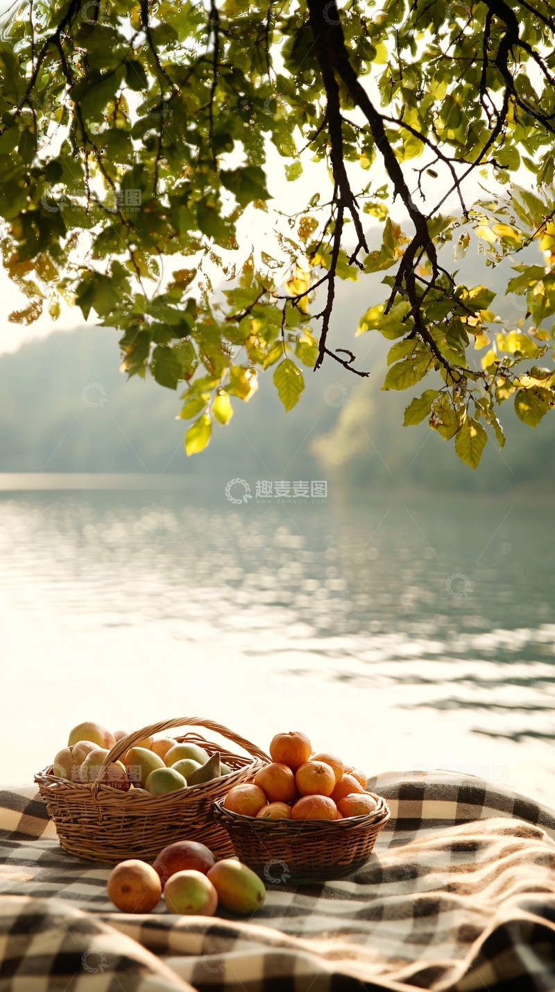 高清大图下载【趣麦麦图】秋日湖畔野餐水果篮
