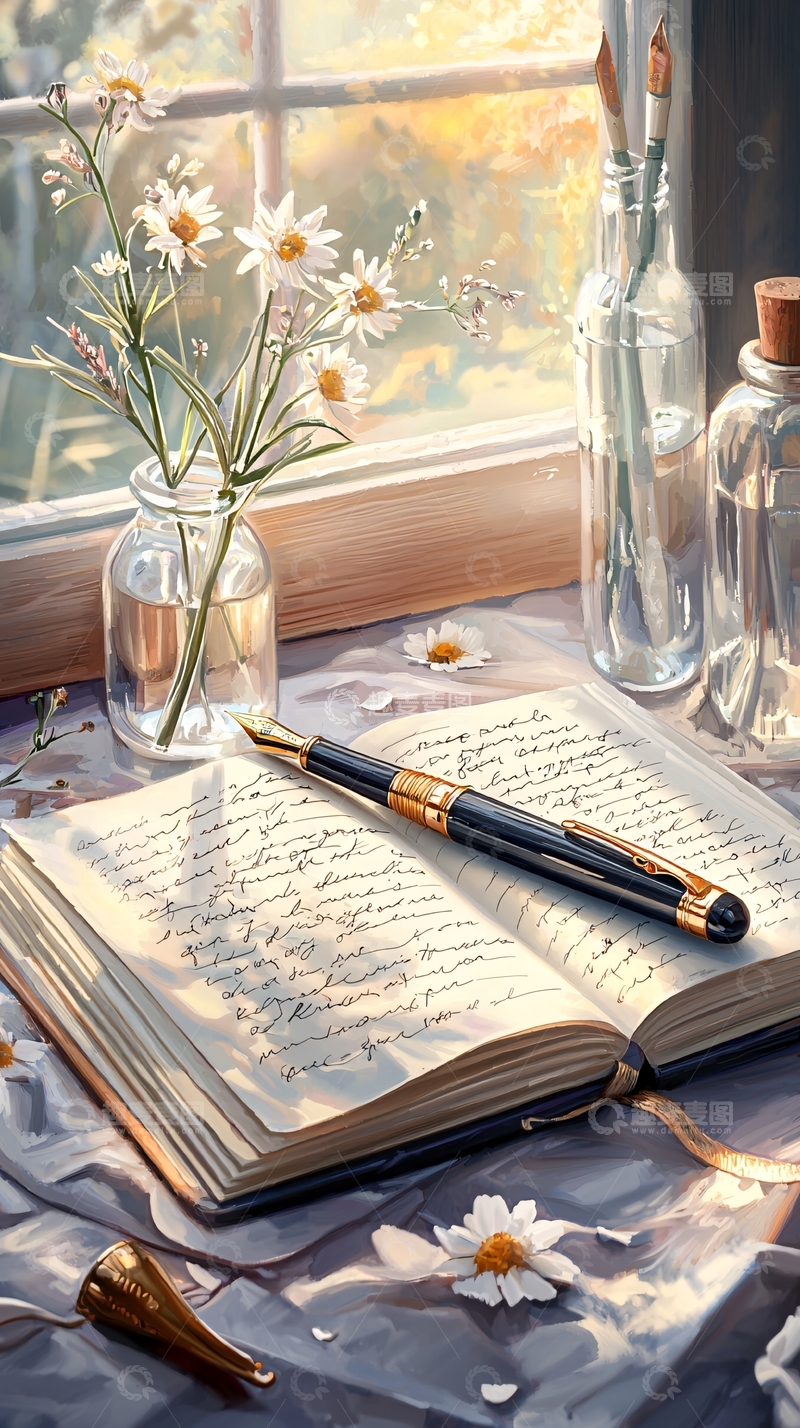 高清大图下载【趣麦麦图】阳光窗台上的手写日记与花瓶