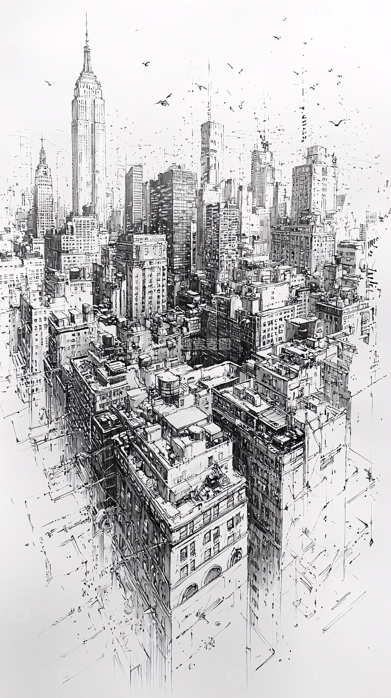 高清大图下载【趣麦麦图】摩天大楼城市景观手绘图