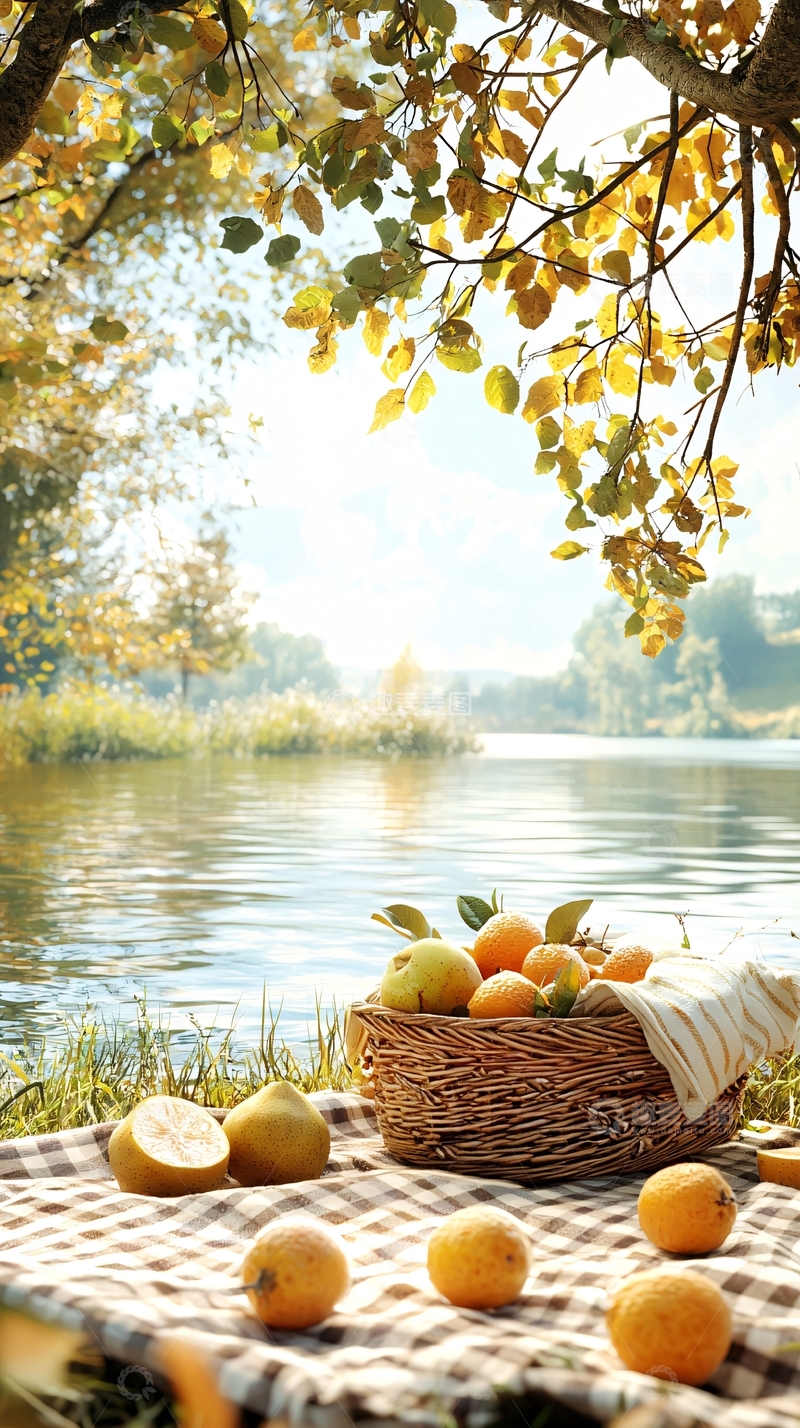 高清大图下载【趣麦麦图】秋日湖畔野餐篮水果