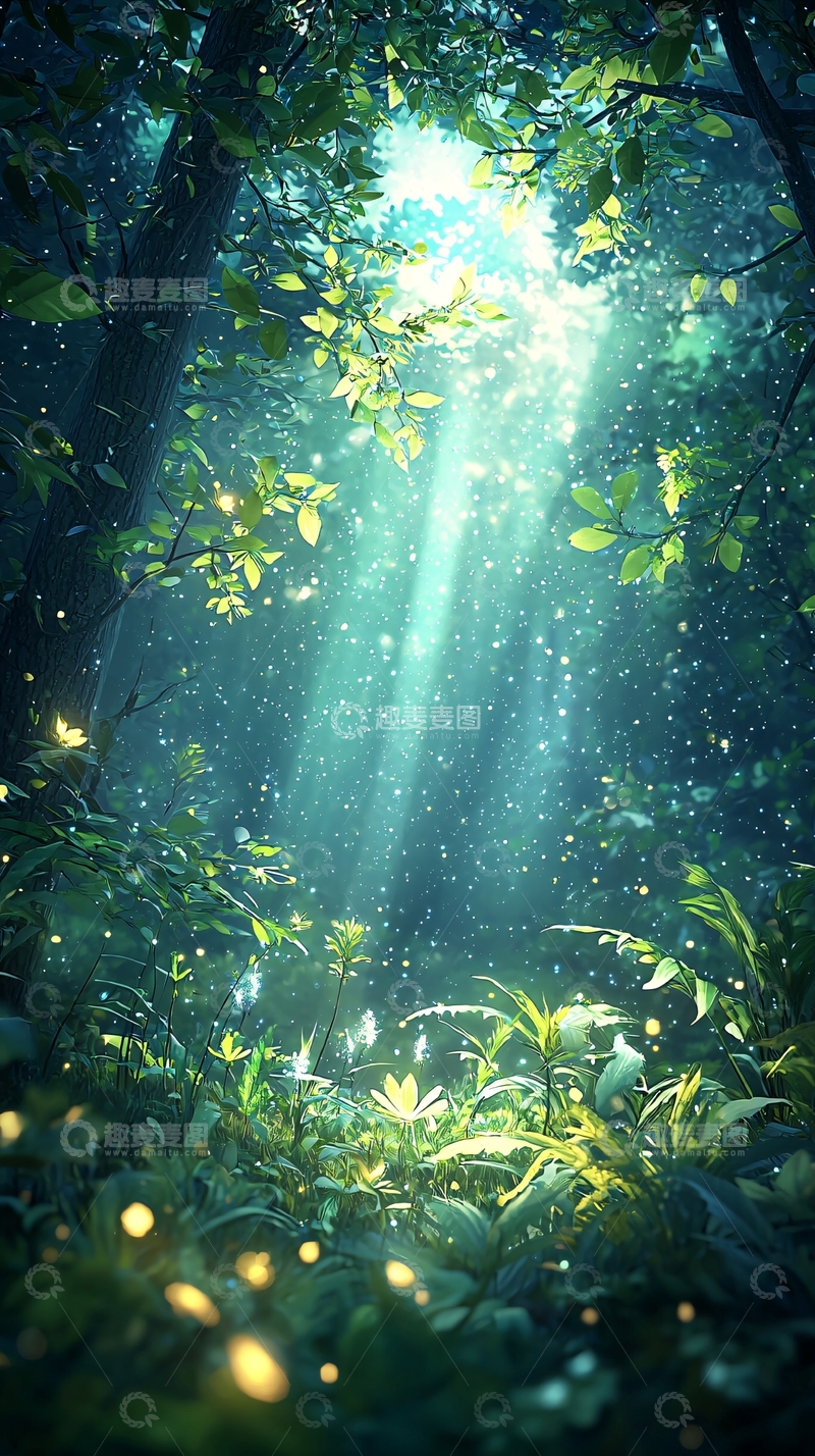 高清大图下载【趣麦麦图】森林中的光束与萤火虫